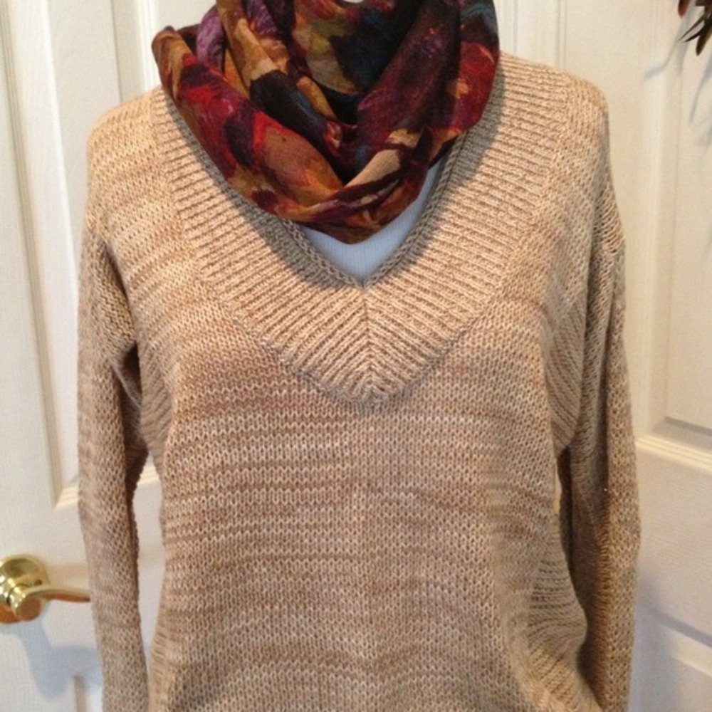 Tan V neck sweater with side detail